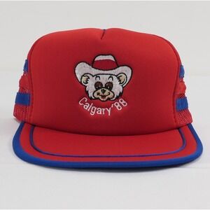 Vintage Calgary 1988 Winter Olympics Trucker Hat Mascot Hidy Howdy Red Snapback